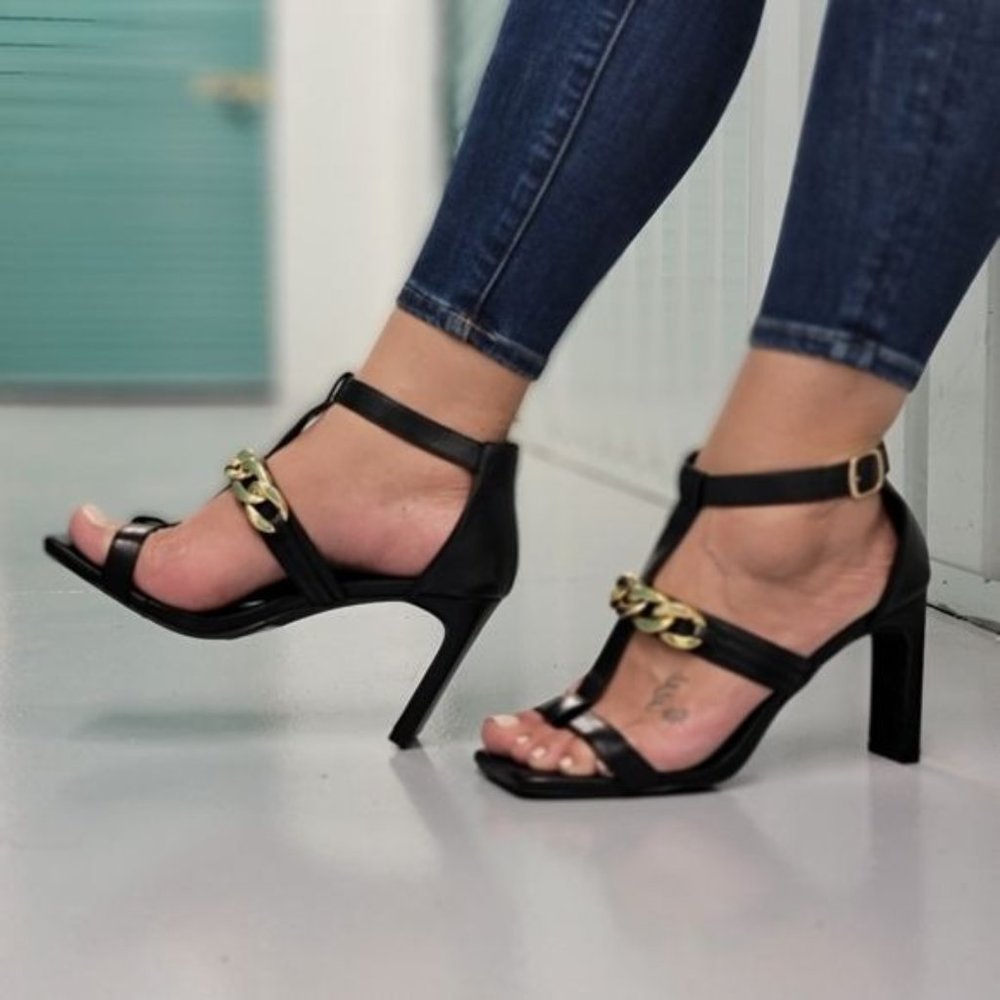 Women's Black Gold Chain Chunky Heels